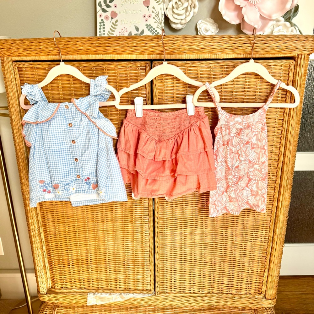 3 pieces: gingham Toddler shirt, skort, tank top set